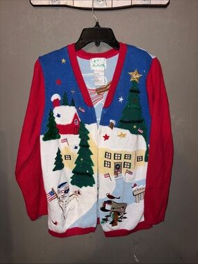 Quacker Factory Red and Blue Holiday Cardigan with Embroidered Scene